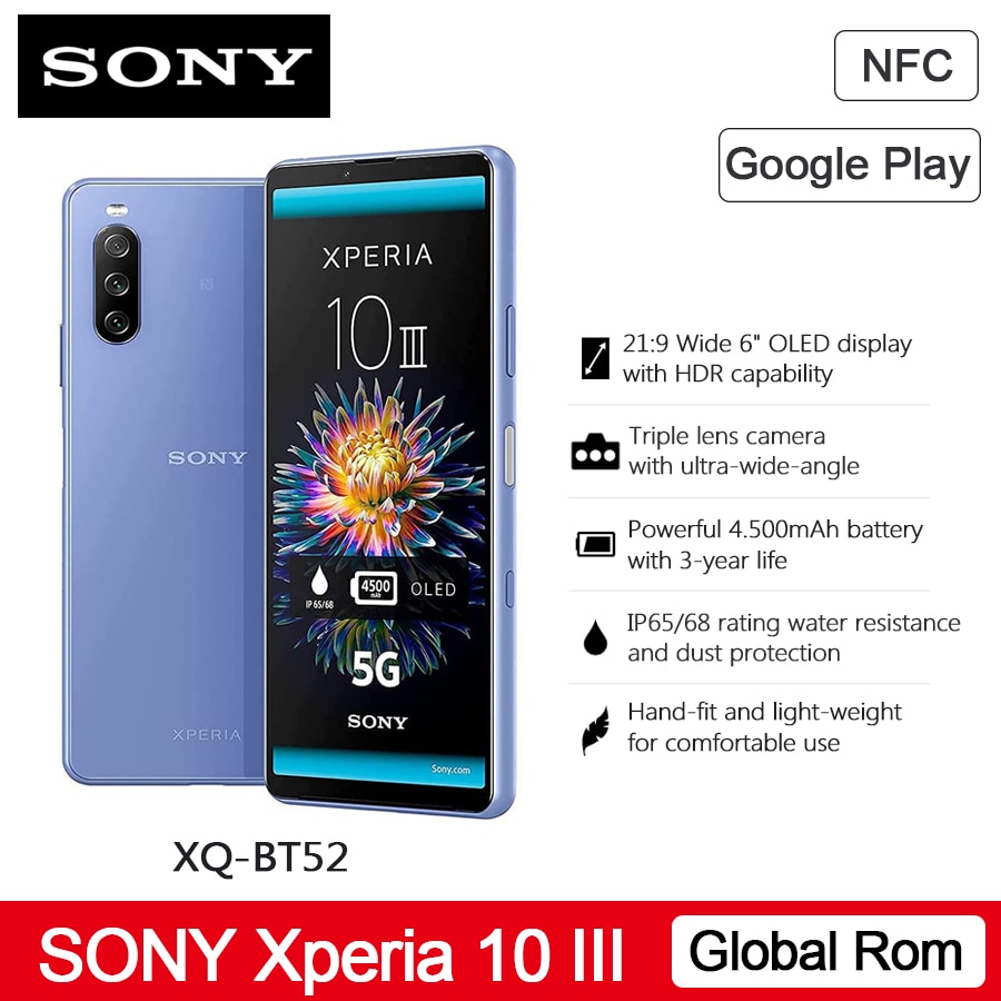 Original Sony Xperia 10 III 5G Mobile Phone 6.0" 6GB RAM 128GB ROM Octa Core 4500mAh NFC 21:9 Android 11 OLED Display Smartphone