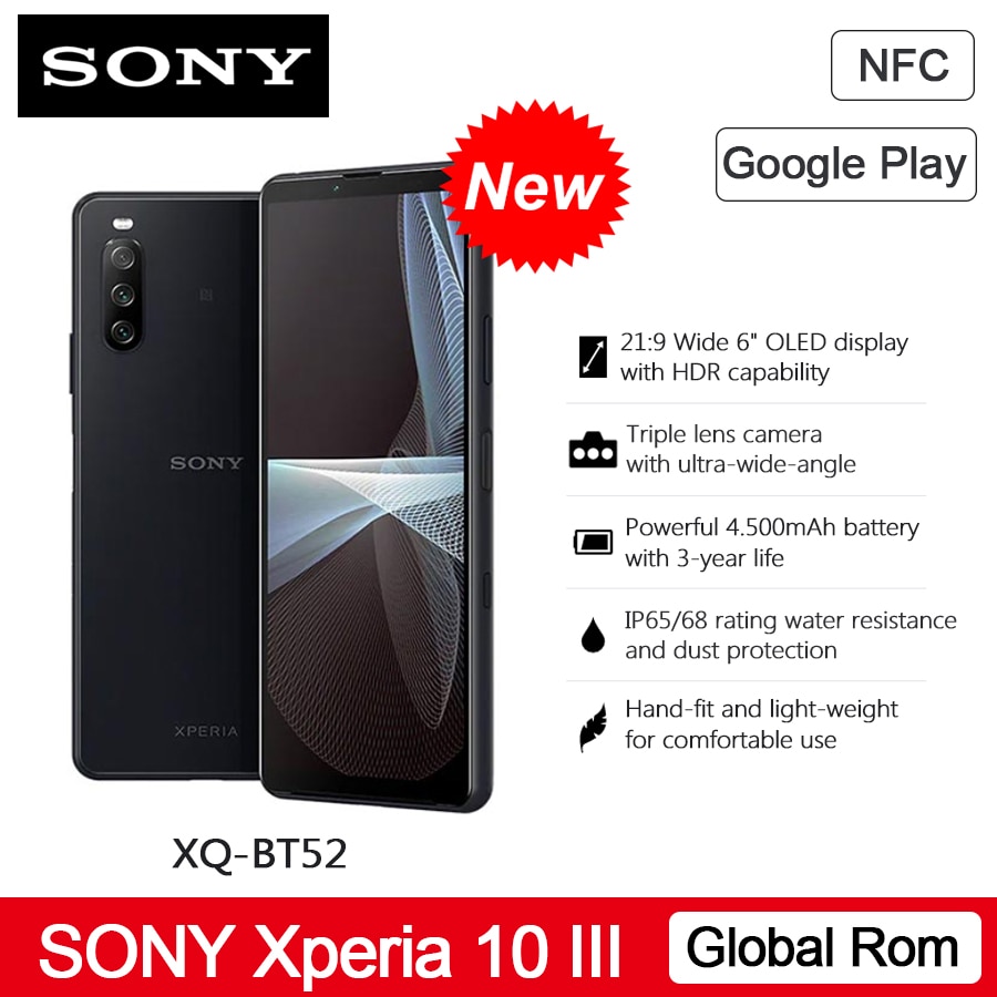 Original Sony Xperia 10 III 5G Mobile Phone 6.0" 6GB RAM 128GB ROM Octa Core 4500mAh NFC 21:9 Android 11 OLED Display Smartphone